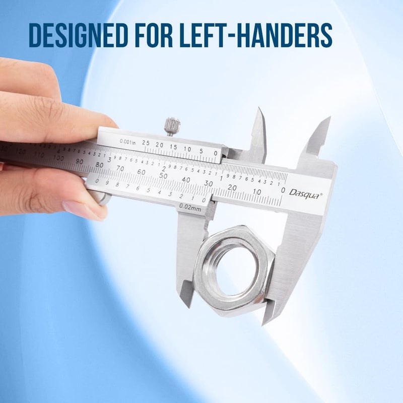 Dasqua Left-Handed 0-6"/0-150mm Monoblock Vernier Caliper Stainless Steel, Dual Unit (in/mm), High Precision with Fine Adjustment, Accuracy ±0.0015"/0.03mm, Graduation: 0.001"/0.02mm - Image 3